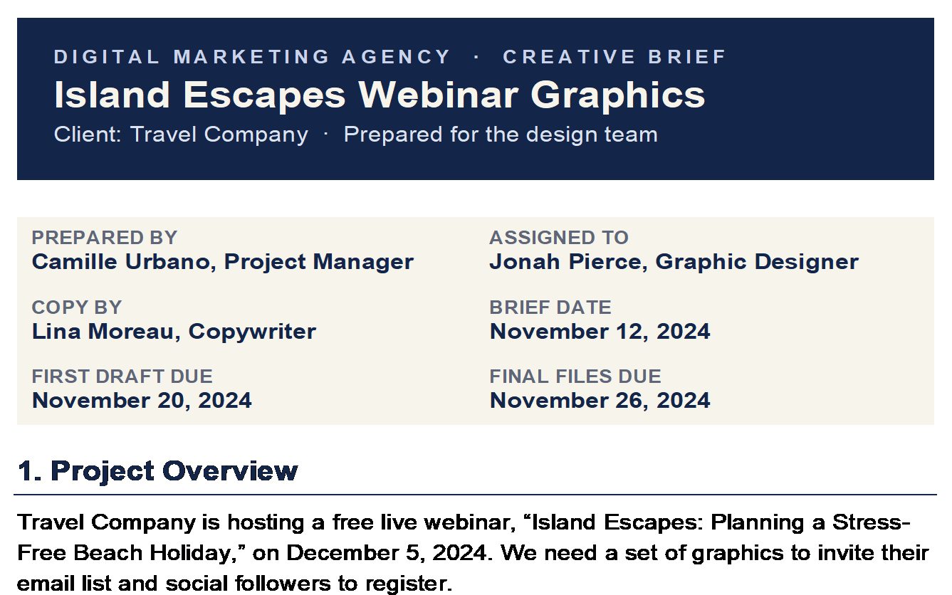 First page of a creative brief for webinar graphics