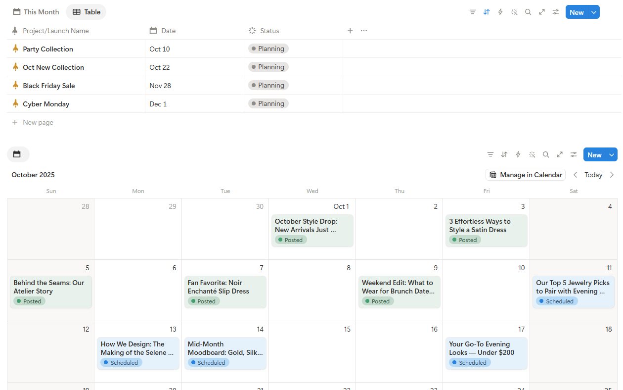 Product launch tracker with launch dates and content calendar