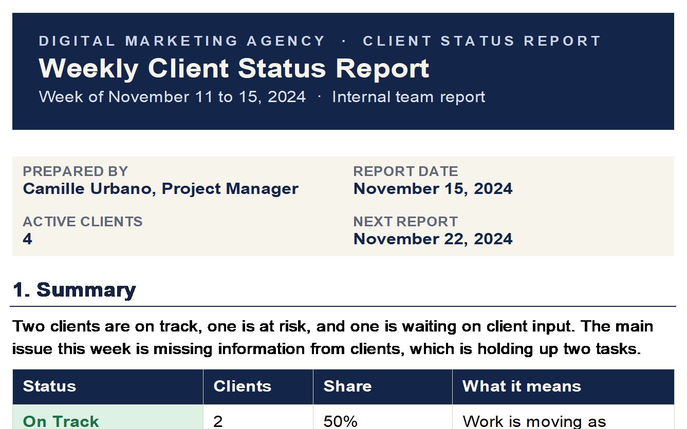 First page of a weekly client status report